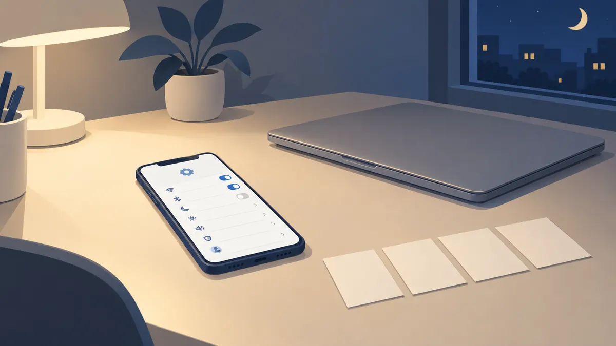 A phone on a desk beside a laptop and a row of blank cards