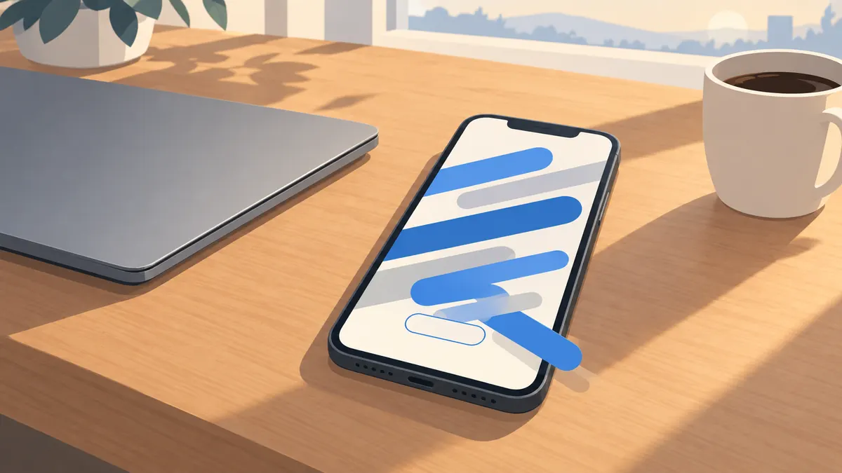A phone on a desk with stretched shapes overflowing a button, before an app is translated.