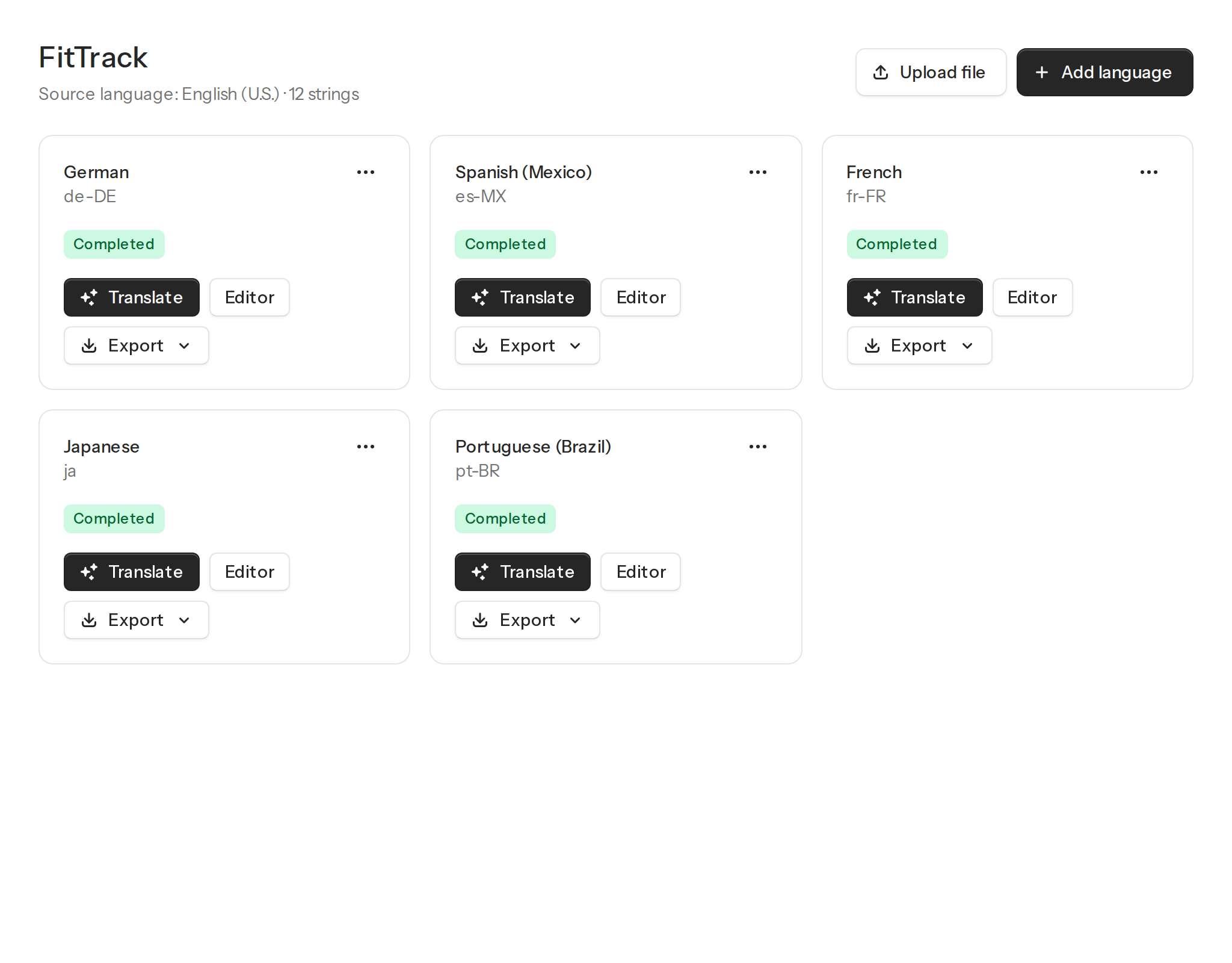 A real project: five languages completed, each with its own export button