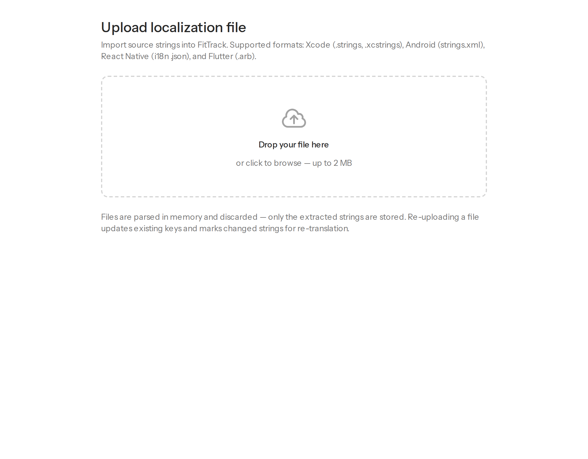 The real upload screen: drop your localization file, up to 2 MB