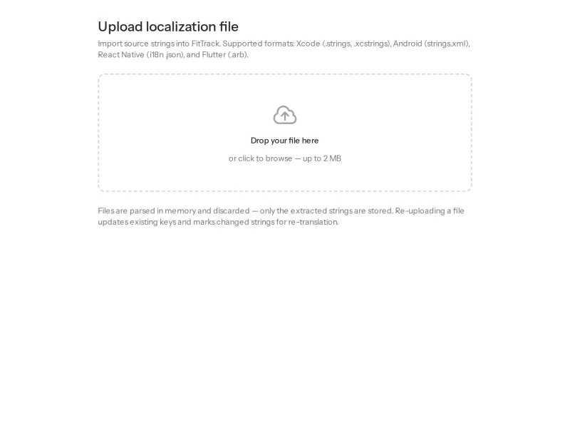 The real upload screen: drop your localization file, up to 2 MB